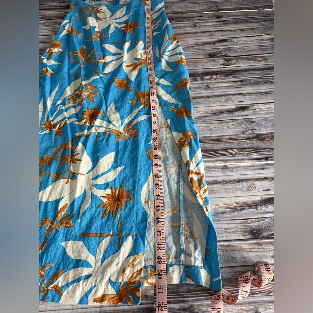 Zara Tropical Floral Blue Linen Blend Cut Out Front Slit Dress - Picture 11 of 13